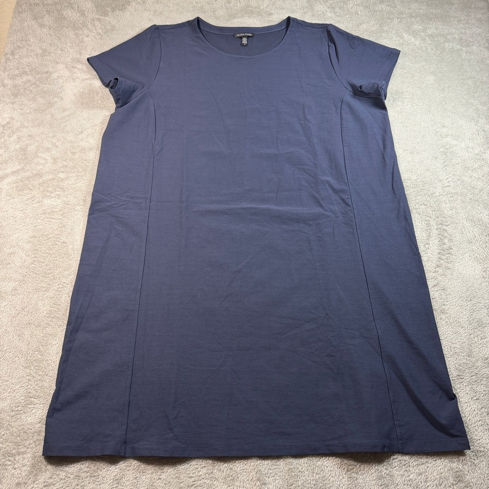 Eileen Fisher T-Shirt Dress Women 2X Blue Short Sleeve Viscose Stretch Knit